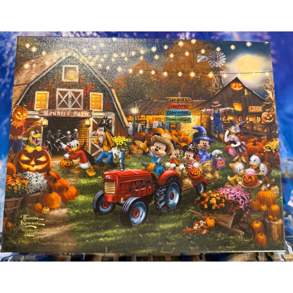 Disney Parks Mickey Haunted Barn Halloween Fall Canvas Thomas Kinkade 13x14"